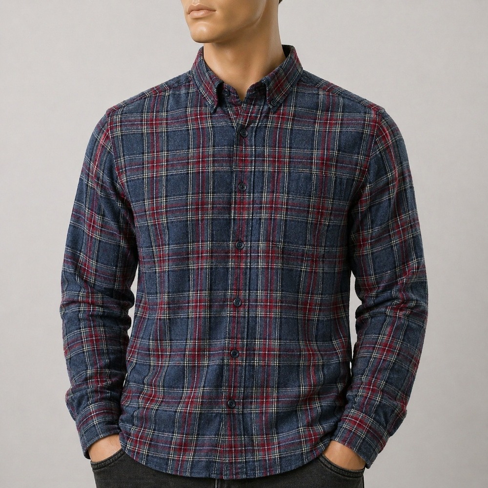 LL Bean Mens Flannel Shirt Blue Red‎ Plaid Traditional Fit Cotton Medium 228061